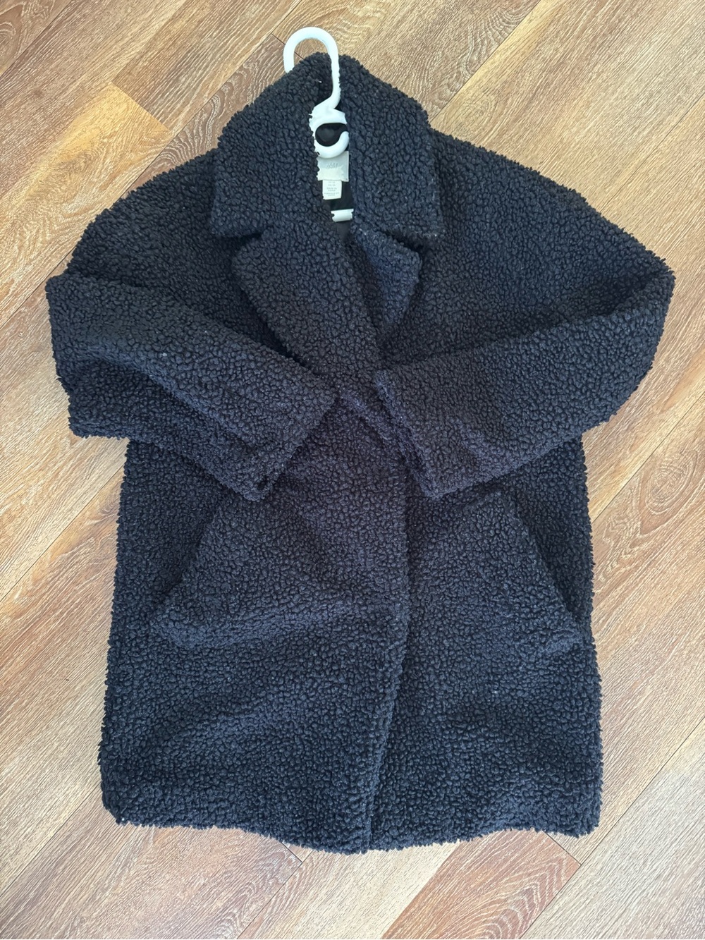 H&M Black Teddy Coat with Lapel Collar